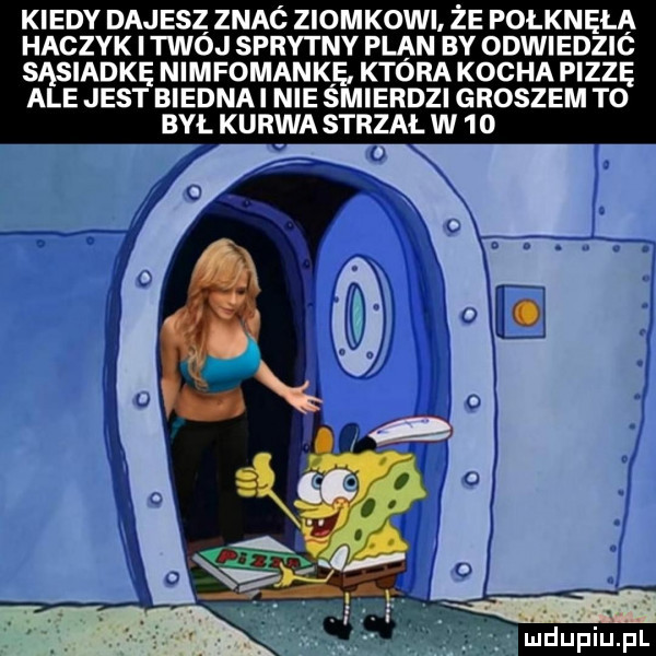 kiedy dajesz znac ziomkowi. że połknęła haczyk i twój sprytny plan by odwiedzic sąsiadkę nimfomankę która kocha pizzę ale jest biednai nie śmierdzi groszem to był kurwa strzał w