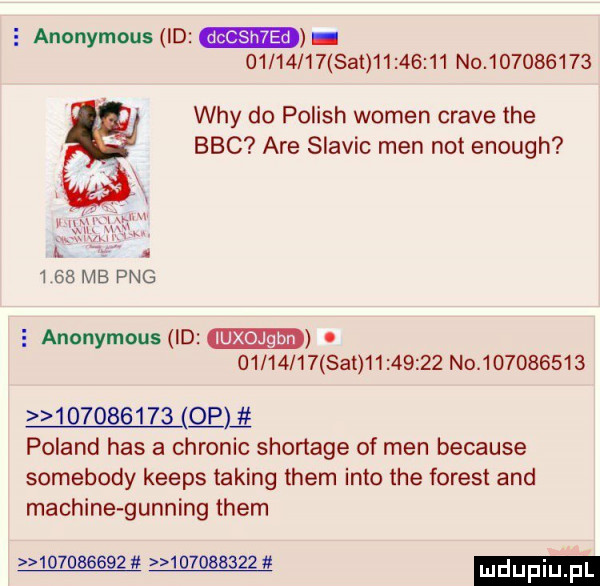 e anonymous id          sal          no           wdy do polish wojen crane tee bbc are slavic men not enough ll.    mbpng e anonymous id.          sa          no                     qm poland has a chronic shonage of men because somebody keeps taping them iato tee forest and machine gunning them           w