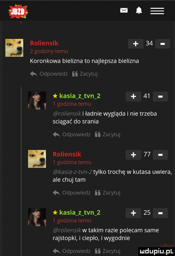 roliensik      godzmy emu koronkowa bielizna to najlepsza bielizna  .  pr m  ii naw el kasia z tvn      i godzina temu m mew i ładnie wygląda i nie trzeba sciągać do srania   mp x ii zui w roliensik    l godzina temu bunwwrj tylko trochę w kutasa uwiera ale chu tam  . mam ii rufy l kasia z tvn      i godzina temu śi wf mew takim razie polecam same rajstopki i cieplo i wygodnie   mp ii zyl