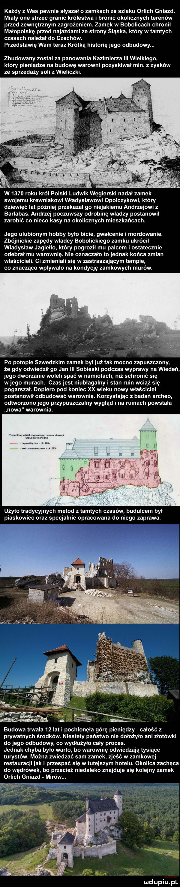 każdy z was pewnie slyszal o zamkach ze szlaku orlich gniazd. mialy one strzec granic królestwa i bronić okolicznych terenów przed zewnętrznym zagrozeniem. zamek w bobolicach chronił małopolskę przed najazdami ze strony śląska który w tamtych czasach nalezal do czechów. przedstawię wam teraz krotka historię jego odbudowy. zbudowany zostal za panowania kazimierza iii wielkiego który pieniadze na budowę warowni pozyskiwal min. z zyskow ze sprzedaży soli wieliczki. w      roku król polski ludw k wegierskl nadal zamek swojemu krewniakowi wladyslawow ponczykowi który dziewięć lat paź ibj przekazal go niejakiemu andrzejowi z barlabas. andrzej poczuwszy odrobinę władzy postanowił zarobić co nieco kasy na okolicznych mieszkańcach. jego ulubionym hobby bylo bic e gwalcenie i mordowanie. zboj ickie zapędy wladcy bobolickiego zamku ukrócil wladyslaw jagielto który pogrozit mu palcem i ostatecznie ojeb leu warownię. nie oznaczalo to jednak końca zmian wlaś ci zmieniali się w zastraszającym tempie co znacząco wplywalo na kondycję zamkowych murów. po potopie szwedzkim zamek byljuż tak mocno zapuszczony że gdy odwiedzil go jan ibl sobieski podczas wyprawy na wieden jego dworzanie woleli spać w namiotach niż schronić się wjego murach czas jest niublagalny i stan ruin wciąż się pogarszal. dopiero pod koniec xx wieku nowy właściciel postanowil odbudować warownie. korzystając z badań archeo odtworzono jego przypuszczalny wygląd i na ruinach powstala nowa warownia. abakankami użyto tradycyjnych metod z tamtych czasów budulcem byl piaskowiec oraz specjalnie opracowana do niego zaprawa. budowa trwała    lat i pochlonęla górę pieniędzy całość z prywatnych środków. niestety państwo nie dolożyto ani złotówki do jego odbudowy co wydlużylo cały proces. jednak chyba bylo warto bo warownię odwiedzaja tysiące turystów. można zwiedzac sam zamek zjeść w zamkowej restauracjijak i przespać ę wtutejszym hotelu. okolica zachęca do wędrówek ho rzeclez niedaleko znajduje się kolejny zamek orlich g i m ludupiu pl