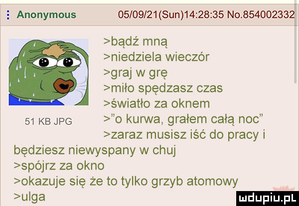 e anonymous          sun          no           bądź mną niedziela wieczór grai w grę miao spędzasz czas światło za oknem    kb jpg o kurwa grałem całą noc zaraz musisz iść do pracy i będziesz niewyspany w chuj spójrz za okno okazuje się że to tylko grzyb atomowy nba