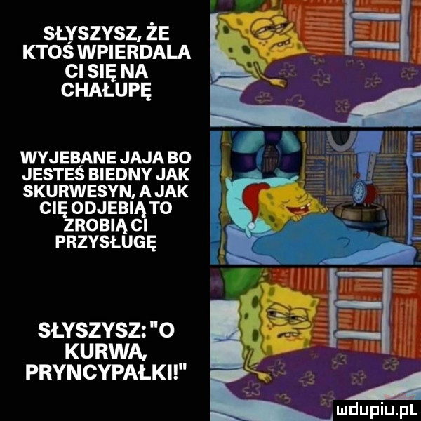 słyszysz że ktos wpierdala cl się na chałupę wyjebane jaja bo jesteś biedny jak skurwysyn abak cię odjebią to zrobią ci przysługę slyszysz o kurwa pryncypałki