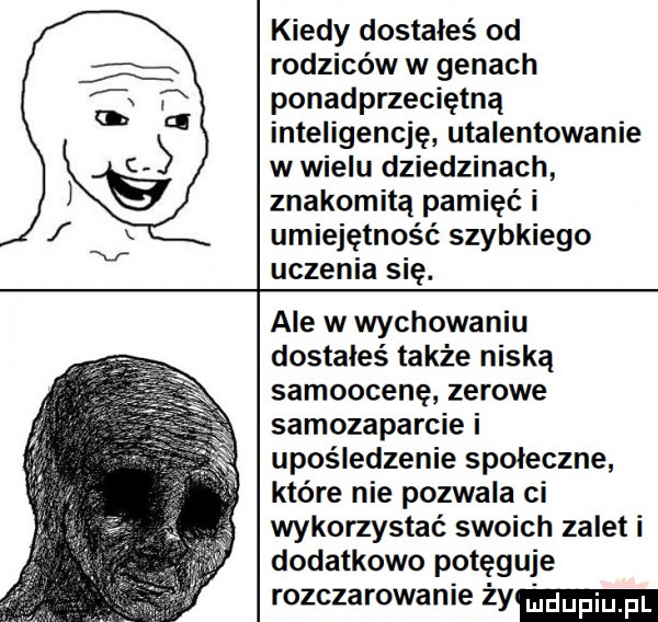 kiedy dostałeś od rodziców w genach ponadprzeciętną inteligencję utalentowanie w wielu dziedzinach znakomitą pamięć i umiejętność szybkiego uczenia się. ale w wychowaniu dostałeś także niską samoocenę zerowe samozaparcie i upośledzenie spoleczne które nie pozwala ci wykorzystać swoich zalet i dodatkowo potęguje rozczarowanie ży