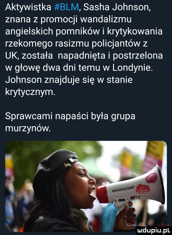 aktywistka blm sacha johnson znana z promocji wandalizmu angielskich pomników i krytykowania rzekomego rasizmu policjantów z uk została napadnięta i postrzelona w głowę dwa dni temu w londynie. johnson znajduje się w stanie krytycznym. sprawcami napaści była grupa murzynów