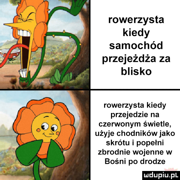 rowerzysta kiedy samochód przejeżdża za blisko rowerzysta kiedy przejedzie na czerwonym świetle użyje chodnikówjako skrótu i popełni zbrodnie wojenne w bośni po drodze ludu iu. l