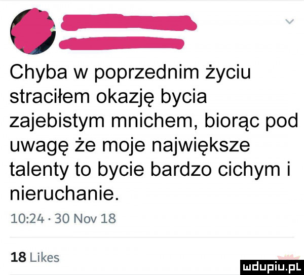 chyba w poprzednim życiu straciłem okazję bycia zajebistym mnichem biorąc pod uwagę że moje największe talenty to bycie bardzo cichym i nieruchanie.          niv       limes ludu iu. l