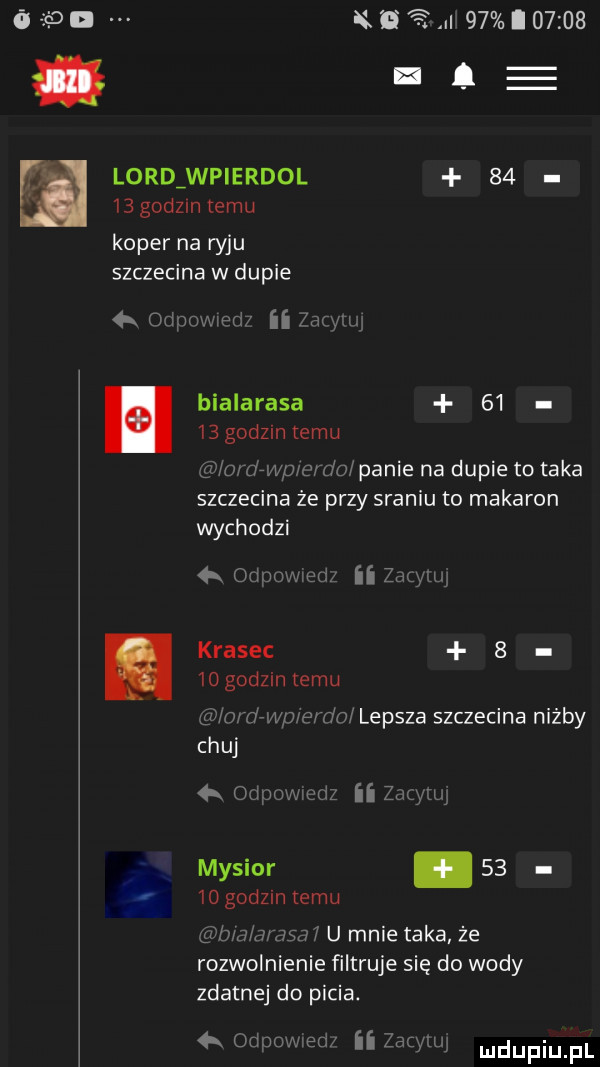 m x h    i       a. lord wpierdol       godom temu koper na ryju szczecina w dupie a mev. ii fu. i bialarasa       godzin temu vp panie na dupie to taka szczecina że przy sraniu to makaron wychodzi h a6w krasic      godzin temu u vr wn pwiﬂf lepsza szczecina niżby chuj   www. myszor.    iogodzm temu giiwxnmam u mnie taka że rozwolnienie filtruje się do wody zdatne do picia. ew ii