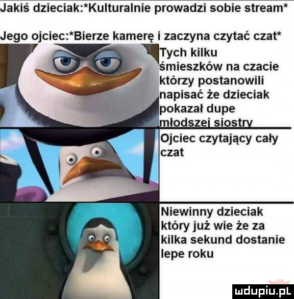 jakiś dzieciak kuiturainie prowadzi sobie stream jego ojciec. bierze kamerę zaczyna czytać czat tych kilku śmieszków na czacie którzy postanowili v napisać że dzieciak pokazał dupe ułodsze siost ojciec czytający cały czat niewinny dzieciak który już wie że za kilka sekund dostanie ieee roku