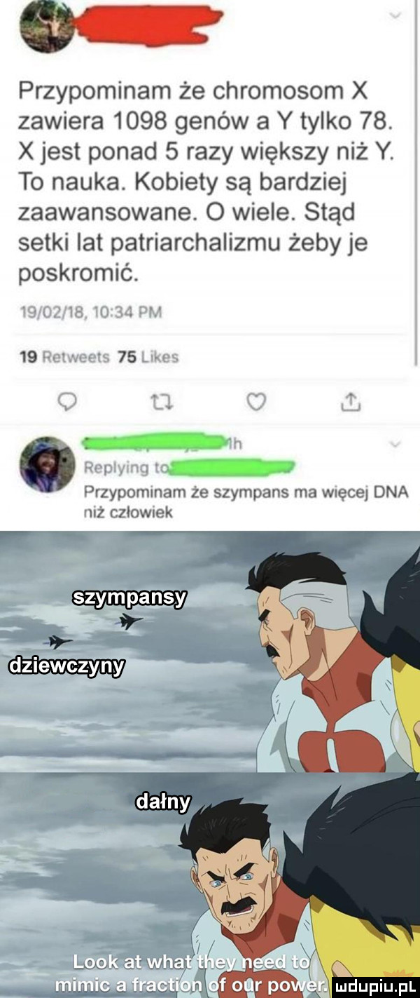o przypominam że chromosom x zawiera      genów a y tylko   . x jest ponad   razy większy niż y. to nauka. kobiety są bardziej zaawansowane. o wiele. stąd setki lat patriarchalizmu żeby je poskromić.   j     . wo    pm    duh ems    limes o l  z ż h ropiyunq tr przypominam że szympans ma więcej dna niż człowiek
