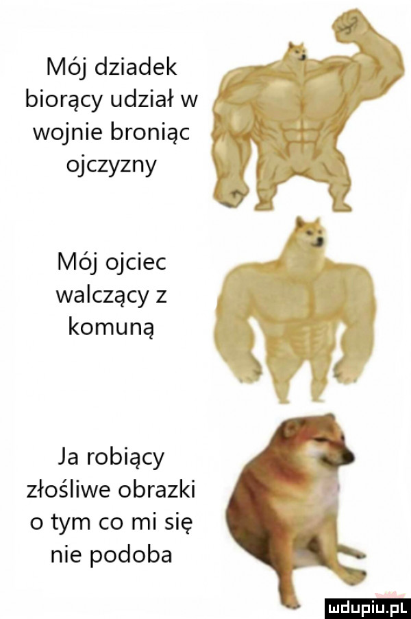 mój dziadek biorący udział w wojnie broniąc ojczyzny mój ojciec walczący z komuną ja robiący złośliwe obrazki o tym co mi się nie podoba ludu iu. l
