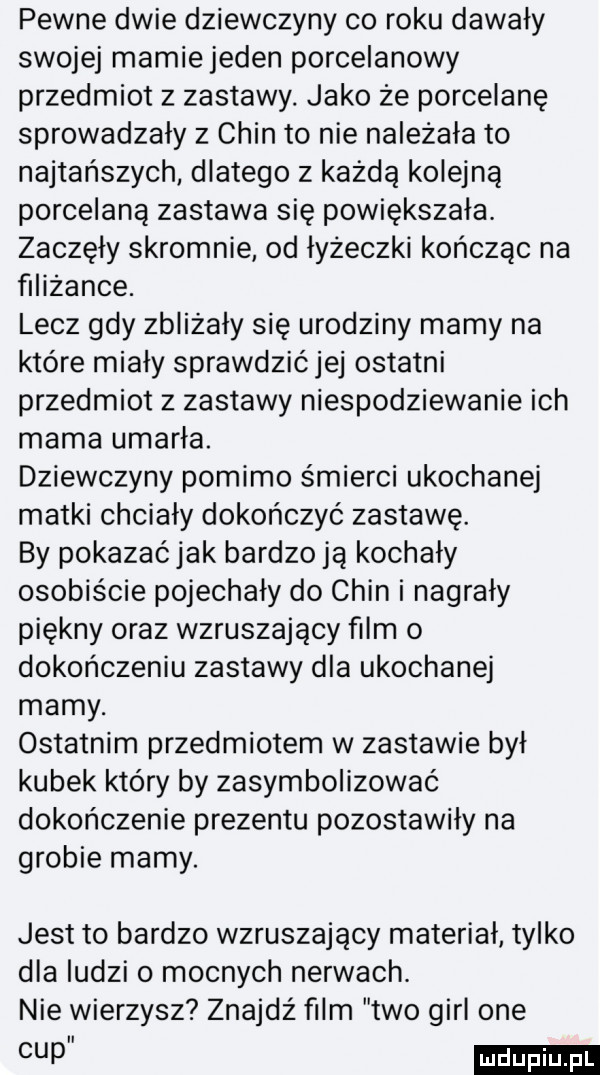 pewne dwie dziewczyny co roku dawały swojej mamie jeden porcelanowy przedmiot z zastawy. jako że porcelanę sprowadzały   chin to nie należała to najtańszych dlatego z każdą kolejną porcelaną zastawa się powiększała. zaczęły skromnie od łyżeczki kończąc na filiżance. lecz gdy zbliżały się urodziny mamy na które miały sprawdzićjej ostatni przedmiot z zastawy niespodziewanie ich mama umarła. dziewczyny pomimo śmierci ukochanej matki chciały dokończyć zastawę. by pokazaćjak bardzo ją kochały osobiście pojechały do chin i nagrały piękny oraz wzruszający ﬁlm o dokończeniu zastawy dla ukochanej mamy. ostatnim przedmiotem w zastawie był kubek który by zasymbolizować dokończenie prezentu pozostawiły na grobie mamy. jest to bardzo wzruszający materiał tylko dla ludzi o mocnych nerwach. nie wierzysz znajdź film tao gill one cup