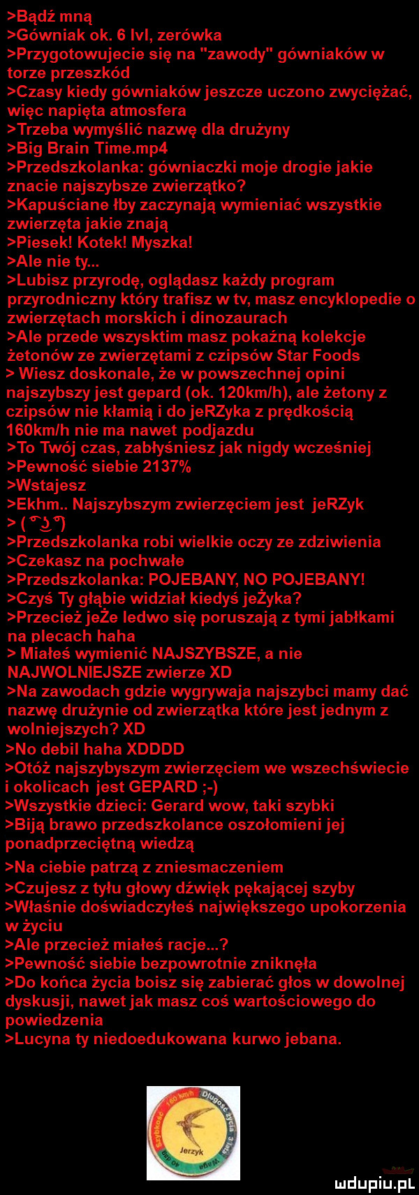 badż mną górniak ok.   lal zerówka przygotowujecie się na zawody górniaków w torze przeszkód czasy kiedy gówniakówjeszcze uczono zwyciężać więc napięta atmosfera trzeba wymyślić nazwę dla drużyny big braun time mp  przedszkolanka gówniaczki moje drogie jakie znacie najszybsze zwierzątko kapuściane lby zaczynają wymieniać wszystkie zwierzęta jakie znają piesek kotek myszka ale nie ty. lubisz przyrodę oglądasz każdy program przyrodniczny który trafisz w tv masz encyklopedie o zwierzętach morskich i dinozaurach ale przede wszysktim masz posażną kolekcje żetonów ze zwierzętami z czipsów star foods wiesz doskonale że w powszechnej opici najszybszyjest gepard ok.    kmlh ale żetony z czipsów nie kłamią i do jerzyka z prędkością    kmlh nie ma nawet podjazdu to twój czas zabłyśniesz jak nigdy wcześniej pewność siebie      wstajesz ekhm. najszybszym zwierzęciemjest jerzyk w przedszkolanka robi wielkie oczy ze zdziwienia czekasz na pochwale przedszkolanka pojebany no pojebany czyś ty głąbie widzial kiedyś jeżyka przecieżjeże ledwo się poruszają z tymi jabłkami na plecach haba miałeś wymienić najszybsze a nie najwolniejsze zwierze xd na zawodach gdzie wygrywaja najszybsi mamy dać nazwę drużynie od zwierzątka które jestjednym z wolniejszych xd no debil haba xdddd otóż najszybyszym zwierzęciem we wszechświecie i okolicach jest gepard wszystkie dzieci gerard wow taki szybki biją brawo przedszkolance oszolomieni jej ponadprzeciętną wiedzą na ciebie patrzą z zniesmaczeniem czujesz z tylu glowy dźwięk pękającej szyby właśnie doświadczyłeś największego upokorzenia w życiu ale przecież miałeś racje. pewność siebie bezpowrotnie zniknęła do końca życia boisz się zabierać glos w dowolnej dyskusji nawetjak masz coś wartościowego do powiedzenia lucyna ty niepoedukowana kurwo jebana
