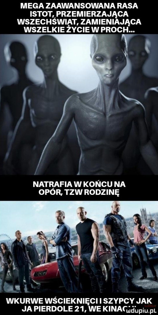 mega zaawansowana rasa istot przemierzająca wsz ec hświat zbm en iająca wszelkie zycie w proch. ye i l natrafia w koncu na opor. tlw rodzinę wkurwe wścieknięci i szybcy jak ja pierdole    we kinafqłpqul