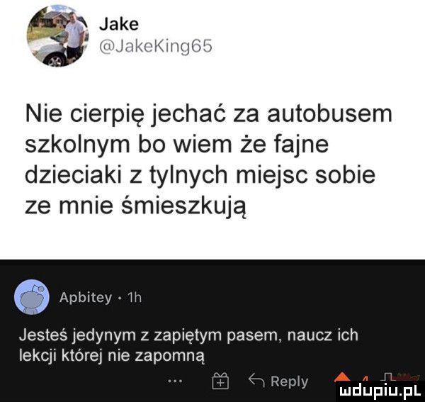 m jake w i k i  iv   nie cierpię jechać za autobusem szkolnym bo wiem że fajne dzieciaki z tylnych miejsc sobie ze mnie śmieszkują apbitey ih jesteś jedynym z zapiętym pasem naucz ich lekcji które nie zapomną ji śń rewia a jl