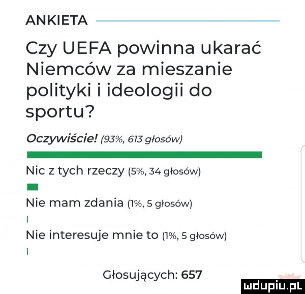 an kl eta czy uefa powinna ukarać niemców za mieszanie polityki i ideologii do sportu oczywiście        głosów nic z tych rzeczy      głosów. nie mam zdania   sgiosów nie interesuje mnie to     głosów głosujących     ludu iu. l