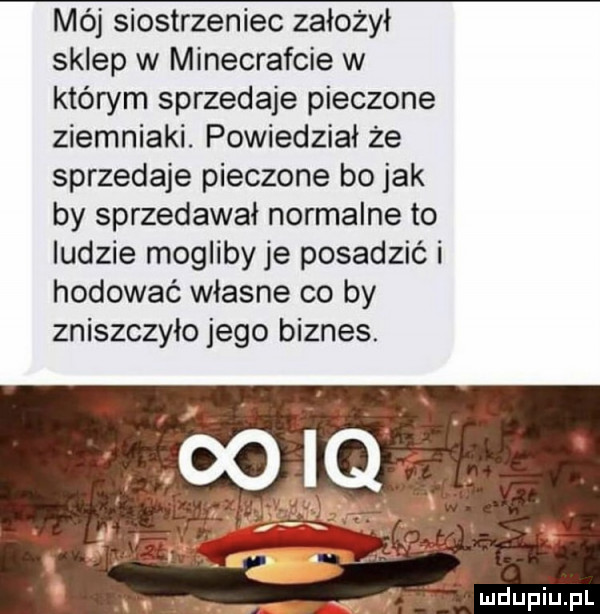 mój siostrzeniec założył sklep w minecrafcie w którym sprzedaje pieczone ziemniaki. powiedział że sprzedaje pieczone bo jak by sprzedawał normalne to ludzie mogliby je posadzić i hodować własne co by zniszczyło jego biznes