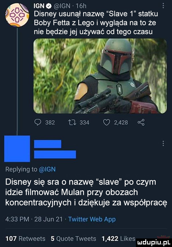 ian  ian   h e disney usunął nazwę soave   statku boby fetta z lego i wygląda na to że nie będzie jej używać od tego czasu replying m ian disney się sra o nazwę soave po czym idzie filmować milan przy obozach koncentracyjnych i dziękuje za współpracę      pm    jun    twitter web aap     retweets   quote tweets       limes