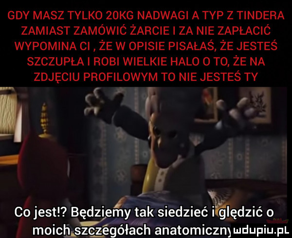 gdy masz tylko żokg nadwagi a typ z tondera zamiast zamówió żarcie i za nie zaplacic wypomina ci że w opisie pisałaś że jesteś szczupla i robi wielkie halo   to że na zdjęciu profilowym to nie jesteś ty r r r l   co jest będzienlw tak siedziećk iędzić o moicmsszćgółach anatomiczmmdupiu