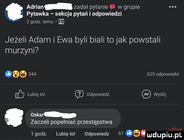 pyiawka sekcja pykań i odpowiedzi z godz temu   o adrian zadal pytanie o w grupie. jeżeli adam i ewa byli biali tolak powstall murzynl             dław eon oskar zaczeli popełniać przestępstwa  godz. luhiętn odpowiedz m b mdupiupl
