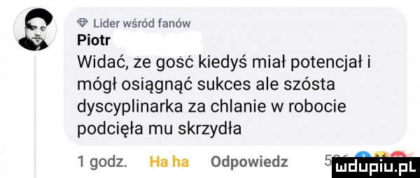 a lwderwśród łanów piotr widać ze goić kiedyś miał potencjał i mógł osiągnąć sukces ale szósta dyscyplinarka za chlanie w robocie podcięła mu skrzydła  godz. haba odpowiedz