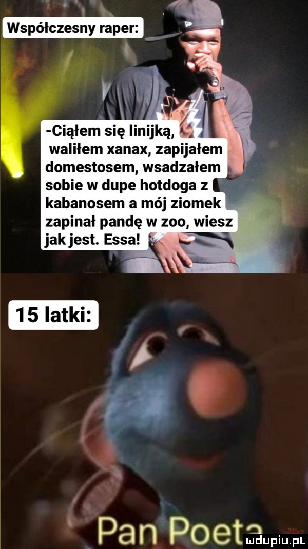 ciąłem się linijką i. waliłem xanax zapijałem domestosem wsadzałem sobie w dupe hotdoga z kabanosem a mój ziomek zapinał pandę w zoo wiesz jakjest. easa. pa n poetaupiupl