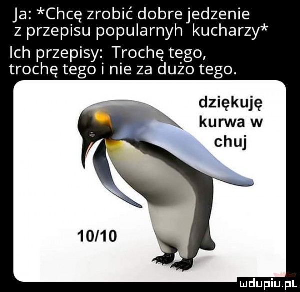 ja chcę zrobić dobrejedzenie z przepisu popularnyh kucharzy ich przepisy trochę tego trochę tego i nie za dużo tego. dziękuję kurwa w chuj