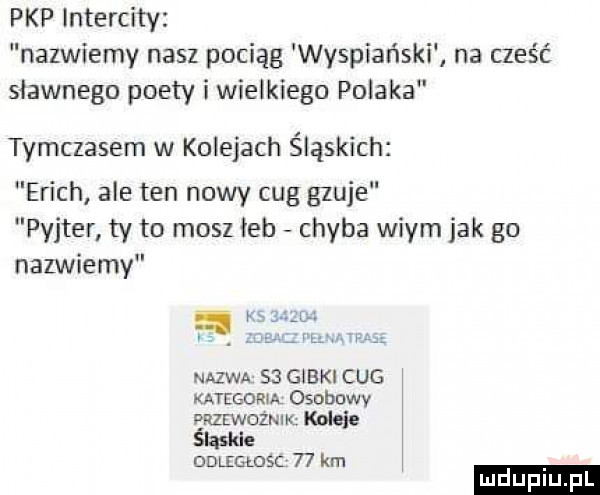 pkp intercity nazwiemv nasz pociąg wyspiański na cześć sławnego poety i wielkiego polaka tymczasem w kolejach śląskich erich ale ten nowy cug gzuje pyjter ty to masz łeb chyba widm jak go nazwiemy nazwa    gąbki cug katcgoroa osobowy przewozie koleje śląskie ommmsc    km mduplu pl