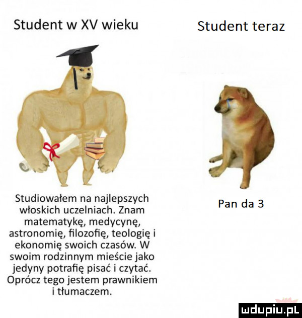 student w xv wieku q. studiowałem na najlepszych włoskich uczelniach. znam matematykę medycynę astronomię filozofię teologię i ekonomię swoich czasów. w swoim rodzinnym mieście jako jedyny potrafię pisać i czytać. oprócz tego jestem prawnikiem i tłumaczem student teraz pan da