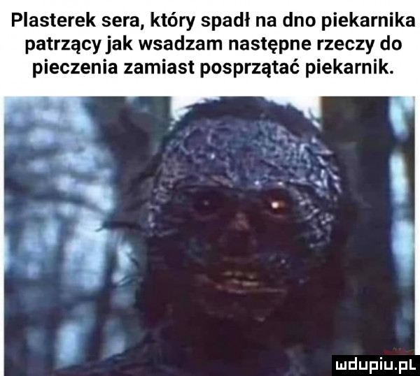 plasterek sera który spadł na dno piekarnika patrzący jak wsadzam następne rzeczy do pieczenia zamiast posprzątać piekarnik