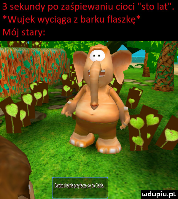 sekundy po zaśpiewaniu cioci sto lat. wujek wyciąga z barku flaszkę mój stary