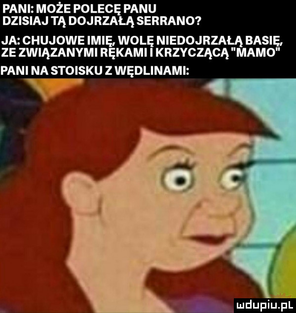 pani może polecę panu dzisiaj tą dojrzałą serrano ja chujowe imię wolę niedojrzałą basie. ze związanymi rękami i krzyczącą mamo pani na stoisku z wędlinami