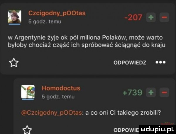 szcigodnyjomas     gnoz temu w argentynie żmie ok pół miliona polaków może warto byłoby chociaż część ich spróbować ściągnąć do kraju f onvowmnz homodoclus   godz. temu     o czccgodnyadootas a co oni ci takiego zrobili onpowus