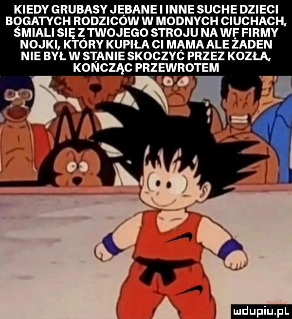 kiedy grubasy jebane i inne suche dzieci bogatych rodzicow w modnych ciuchach śmiali się z twojego stroju na we firmy nojki który kupiła ci mama ale żaden nie był w stanie skoczyc przez kozla. kończąc przewrotem. i