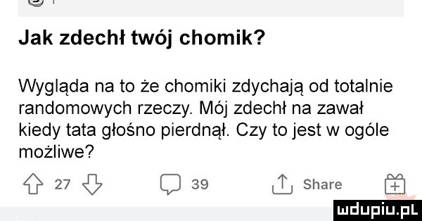 jak zdechł twój chomik wygląda na to że chomiki zdychają od totalnie randomowych rzeczy. mój zdechł na zawał kiedy tata głośno pierdnął. czy to jest w ogóle możliwe    c    stare