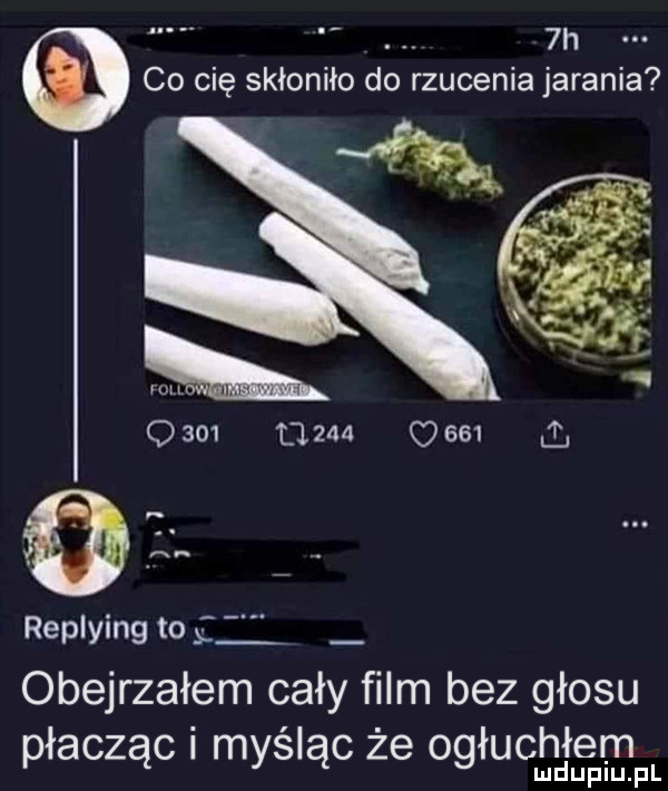 h  h. co cię skłoniło do rzucenia jarania o     l lzaa     e replying to g obejrzałem cały film bez głosu płacząc i myśląc że    cl j ee fl