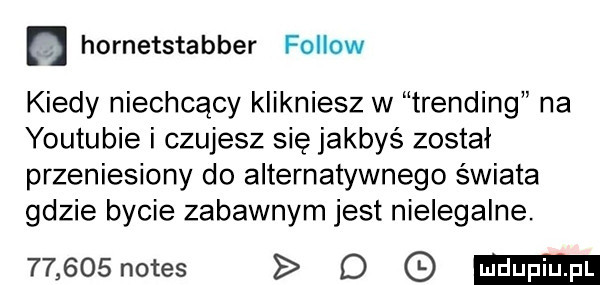m hornetstabber fellow kiedy niechcący klikniesz w trending na youtubie i czujesz się jakbyś zostal przeniesiony do alternatywnego świata gdzie bycie zabawnym jest nielegalne.       notes d
