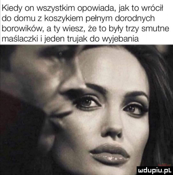 kiedy on wszystkim opowiada jak to wrócił do domu z koszykiem pełnym dorodnych borowików a ty wiesz że to były trzy smutne maślaczki i jeden trojak do wyjebania óww. h