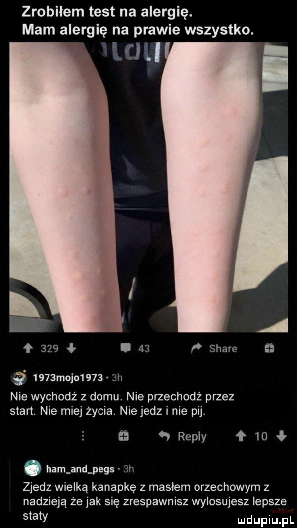 zrobilem test na alergię. mam alergię na prawie wszystko. g jłi a f     ł i    ﬂ stare g     majo      h nie wychodz z domu. nie przechodź przez stan. nie miej życia. nie jedz i nie pij.   repry f   . ham and  ecs  h zjedz wielką kanapkę z maslem orzechowym z nadzieją że jak się zrespawnisz wylosujesz lepsze staty