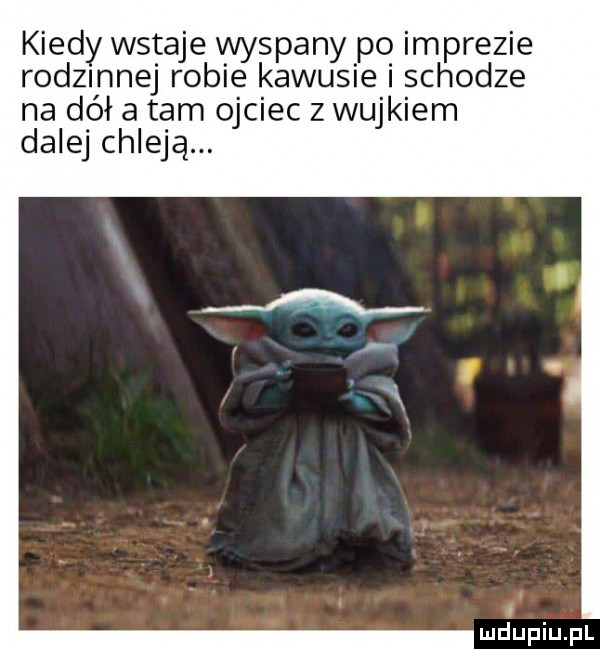 kiedy wstaje wyspany po imprezie rodzonej robie kawusie i schodze na dół a tam ojciec z wujkiem dalej chleją. mciupiupl