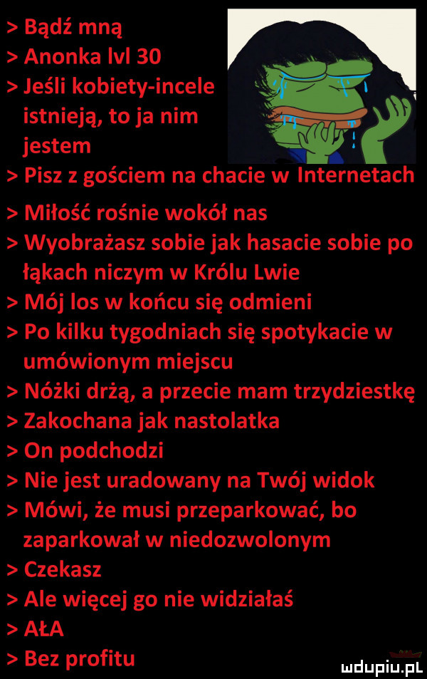 bądź mną anonka lal    jeśli kobiety incele istnieją to ja nim jestem ﬁg   pisz z gościem na chacie w internetach miłość rośnie wokół nas wyobrażasz sobie jak hasacie sobie po łąkach niczym w królu lwie mój los w końcu się odmieni po kilku tygodniach się spotykacie w umówionym miejscu nóżki drżą a przecie mam trzydziestkę zakochana jak nastolatka on podchodzi nie jest uradowany na twój widok mówi że musi przeparkować bo zaparkował w niedozwolonym czekasz ale więcej go nie widziałaś aaa bez profitu ludupiu il