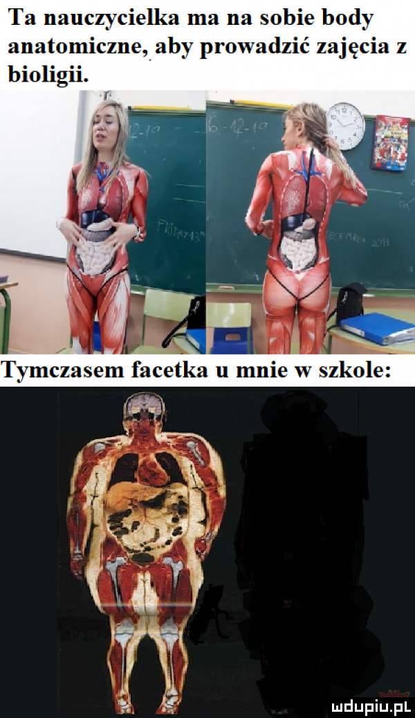 ta nauczycielka ma na sobie body anatomiczne aby prowadzić zajęcia z jim y buf y