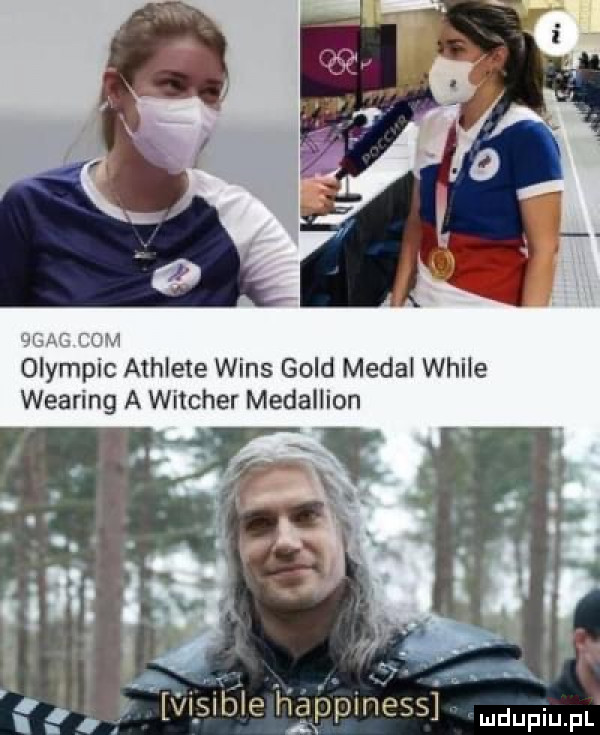 hm ólympic athlete wins gold medal weile wearing a witcher medallion