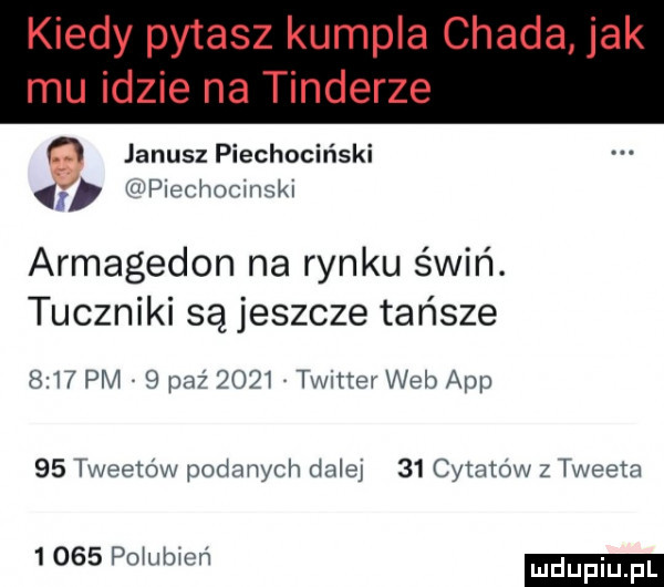 kiedy pytasz kumpla chada jak mu idzie na tonderze ﬂ januszpiechocir iski i m piechncingki armagedon na rynku świń. tuczniki są jeszcze tańsze      pm   paź      twitter web aap    tweeto w podanych dalej    cytaro w z tweeta      pogubień