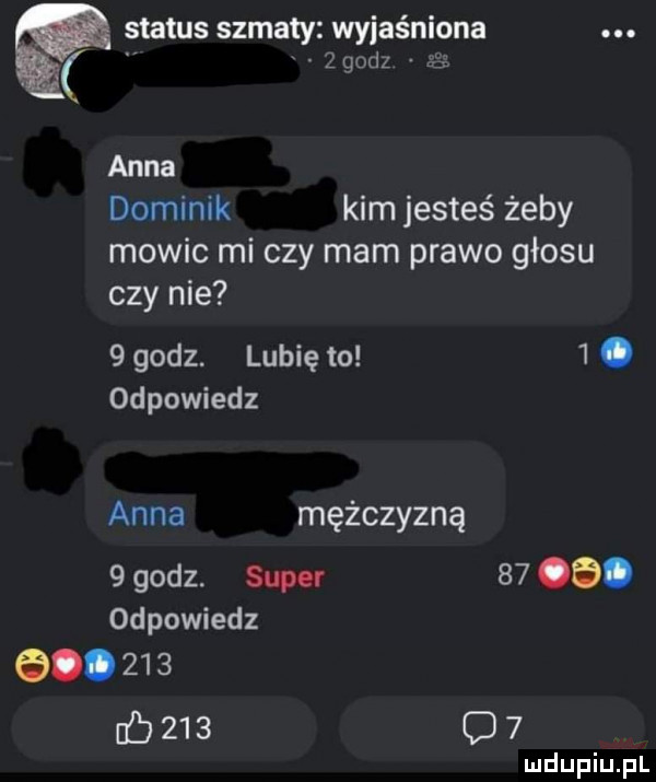 status szmaty wyjaśniona.   godz anna dominik kim jesteś żeby mowic mi czy mam prawo głosu czy nie   godz. lubię to  . odpowiedz anna mężczyzną   godz. super     . odpowiedz e           o
