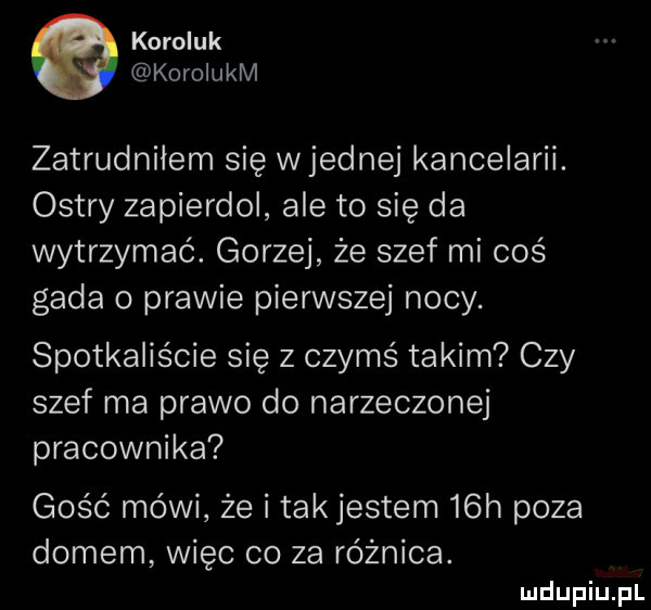 koroluk korolukm zatrudniłem się wrednej kancelarii. ostry zapierdol ale to się da wytrzymać. gorzej że szef mi coś gada o prawie pierwszej nocy. spotkaliście się z czymś takim czy szef ma prawo do narzeczonej pracownika gość mówi że i tak jestem   h poza domem więc co za różnica