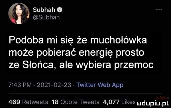 subhaho subhah podoba mi się że muchołówka może pobierać energię prosto ze słońca ale wybiera przemoc      pm            twitter web aap     retweets    quote tweets       limes