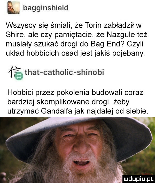 el. bagginshield wszyscy się śmiali że tonin zabłądził w shire ale czy pamiętacie że nazgule też musiały szukać drogi do bcg end czyli układ hobbicich osad jestjakiś pojebany.   trat catholic shinobi hobbici przez pokolenia budowali coraz bardziej skomplikowane drogi żeby utrzymać gandalfa jak najdalej od siebie. w