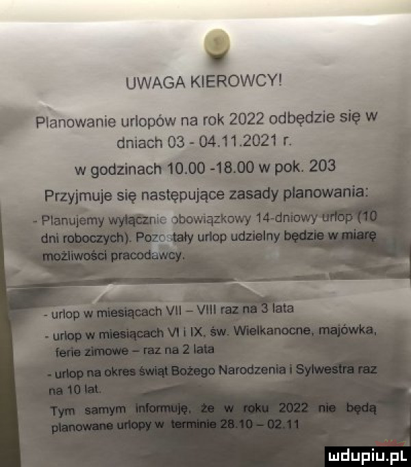 uwaga kierowcy planowanie urlopów na rok      odbędzie s dalach               r