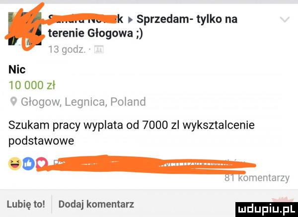 sprzedam tylko na terenie głogowa    godz nie        zł g ogow legnica pohand szukam pracy wyplata od      zl wyksztalcenie podstawowe cen m omerta rzy lubię to duda komentarz