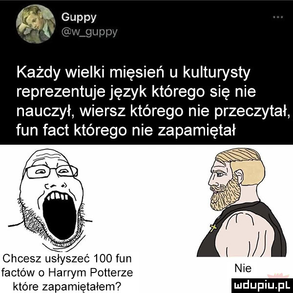 gumpy gigi rex lgljuux każdy wielki mięsień u kulturysty reprezentuje język którego się nie nauczył wiersz którego nie przeczytał fan fajt którego nie zapamiętał chcesz usłyszec     fan faktów o harrym potterze które zapamiętałem ndup u pl